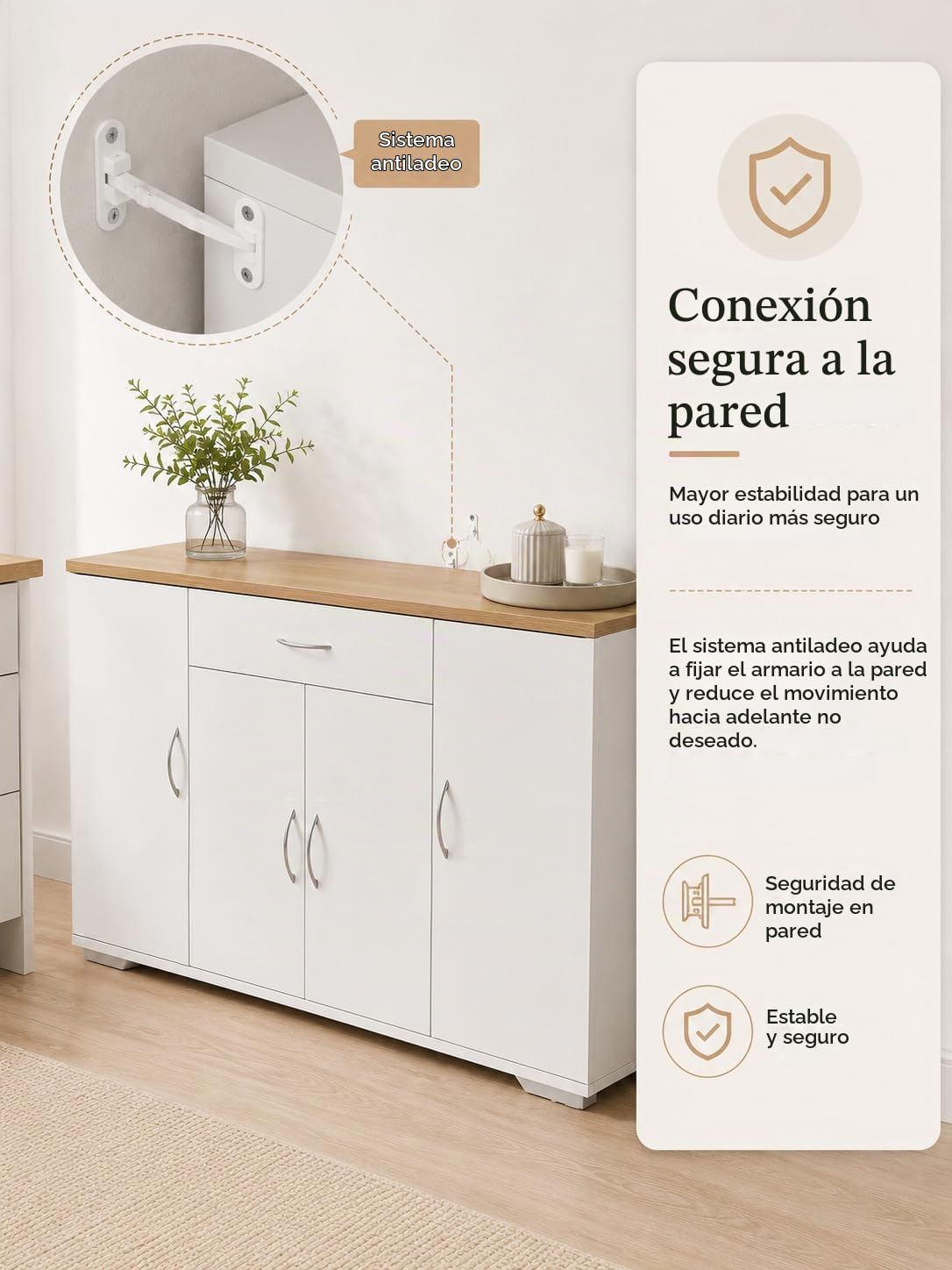 Hitsuki Aparador de Comedor Blanco con 4 Puertas y 1 Cajón 110×30×70cm | Aparador con 4 puertas y 1 cajón que ofrece almacenaje práctico para vajilla, cubiertos y accesorios en el comedor