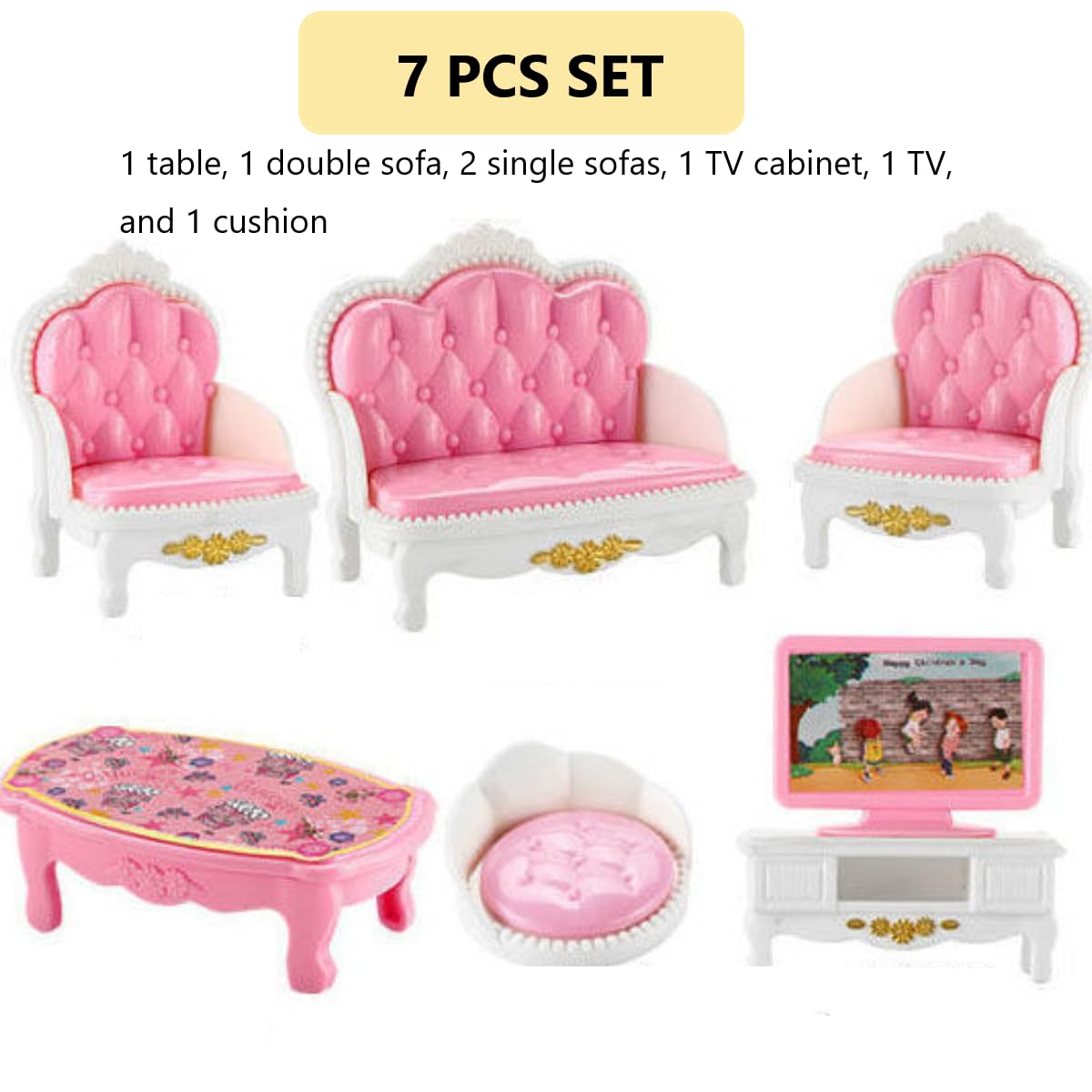 KARLOR dollhouse furniture set living room, 7 pieces miniature furniture set, sofa armchair table TV cushion coffee table - Image 2