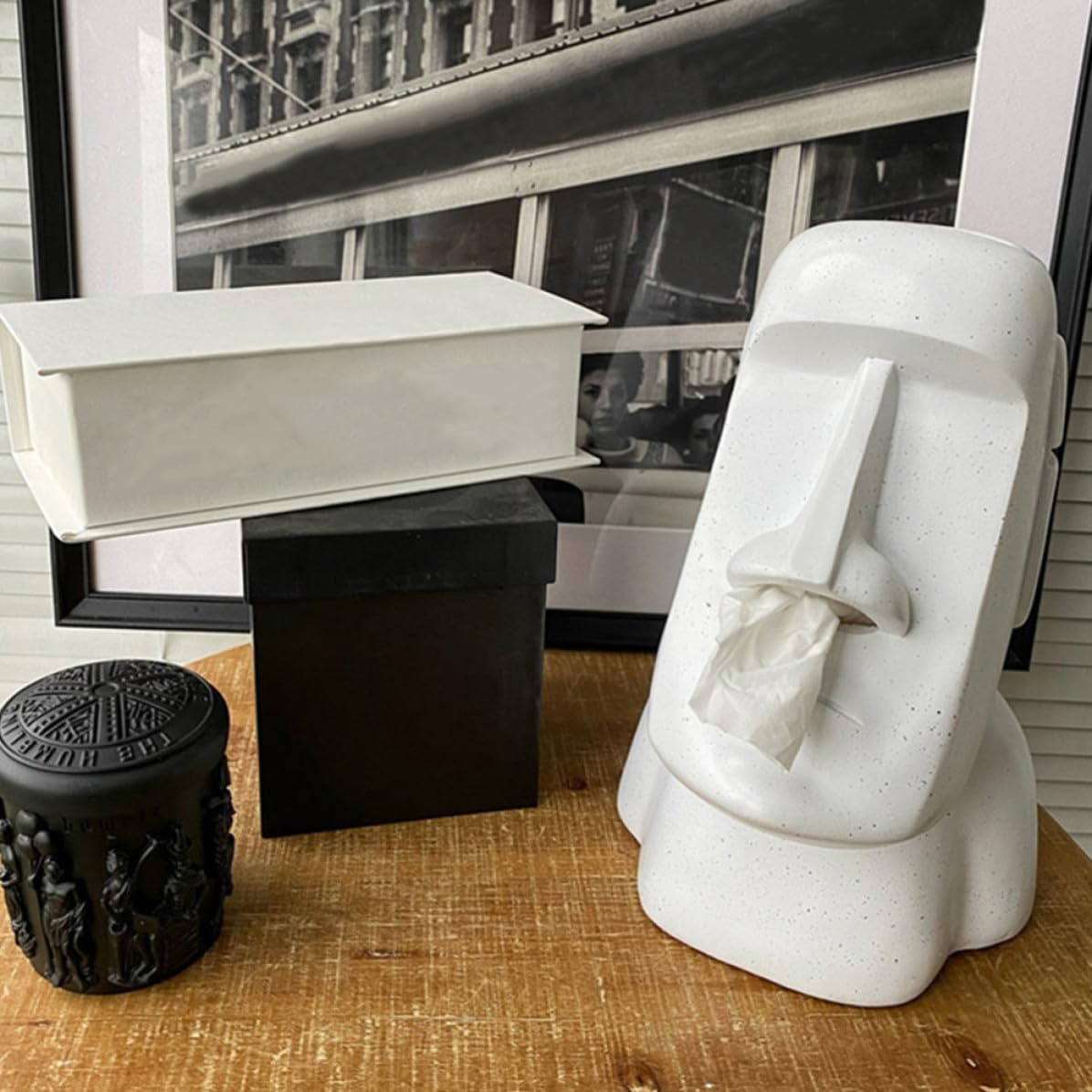 SECFOU Porta Fazzoletti Statua Moai in Resina Bianca Effetto Marmo Supporto Decorativo per Fazzoletti Design Creativo per Bagno e Casa
