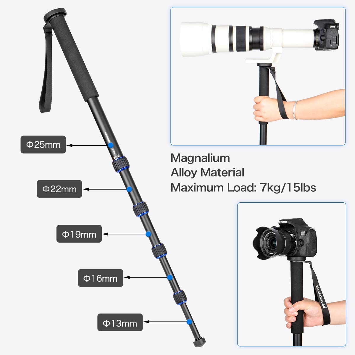 Koolehaoda Monopiede estensibile per fotocamera in lega di alluminio con base di supporto per treppiede, 5 sezioni 52 cm-168 cm regolabile per fotocamere reflex, carico utile fino a 7 kg