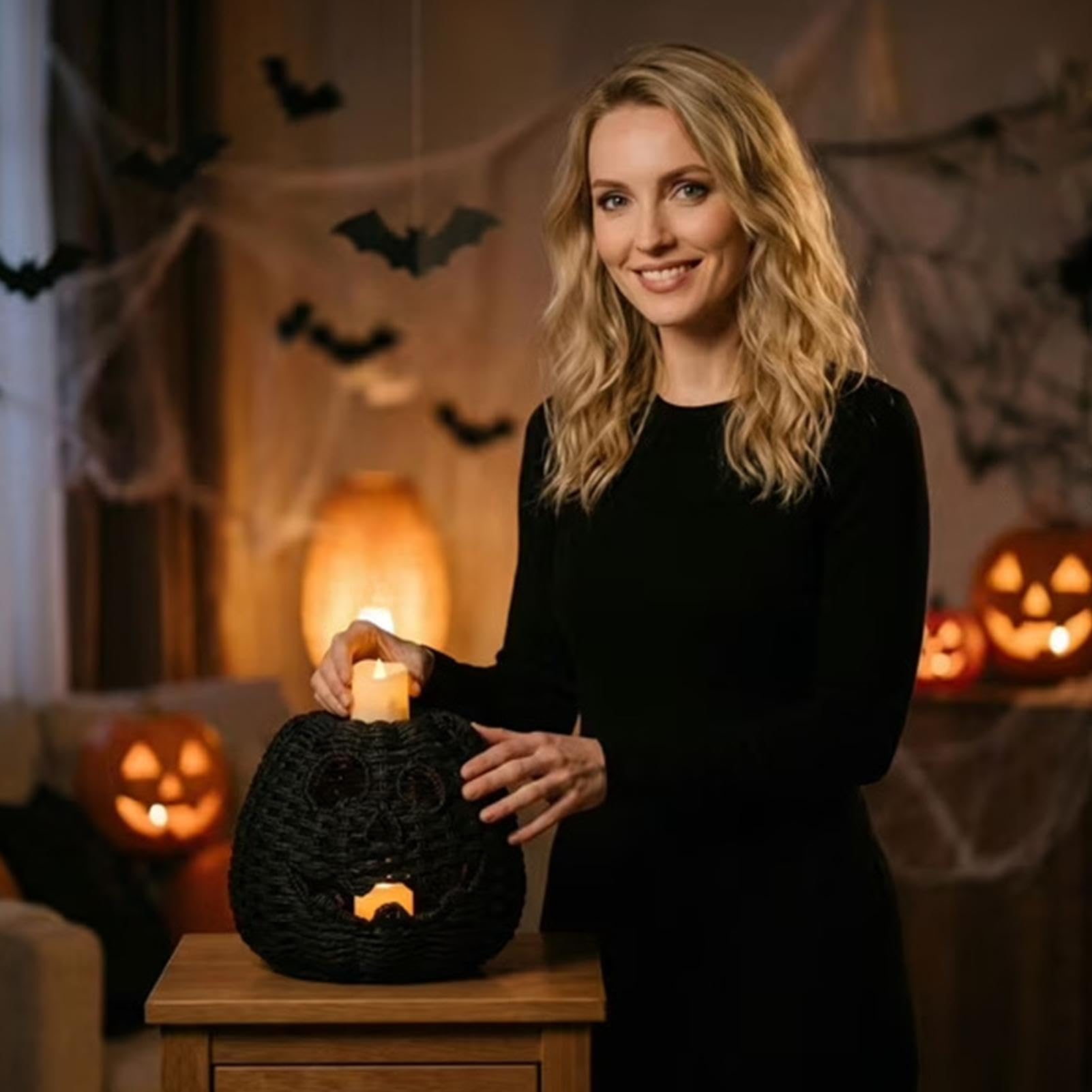 Pleciona dynia Halloween ze świecą LED | Ręcznie wykonany kosz na słodycze do domu, mieszkania, salonu, biurka, gzymsu kominkowego, jadalni, wejścia