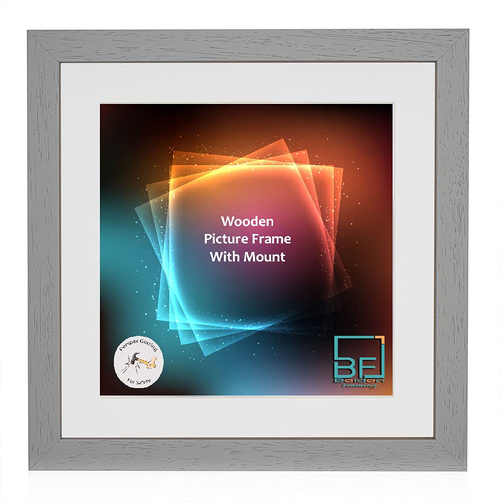 Boldon Framing - Pale Grey, Square Thin Photo Frame in Solid Wood with White Wall Mount, 12x12 - Pic Size 10x10 Picture Display