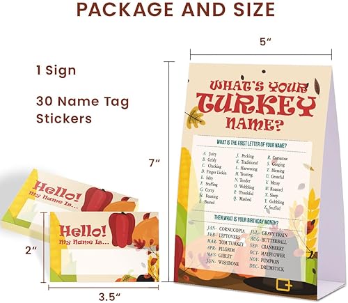 Miniatura 2 de Juego de nombre de Acción de Gracias, con texto en inglés "What's Your Turkey", paquete de 1 letrero y 30 etiquetas de nombre, juegos de fiesta de
