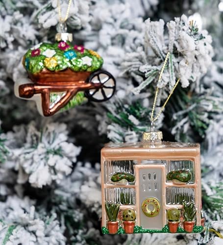 Miniatura 4 de Adorno de invernadero de vidrio soplado a mano y adorno de carretilla, juego de 2 adornos de jardín de vidrio para árbol de Navidad