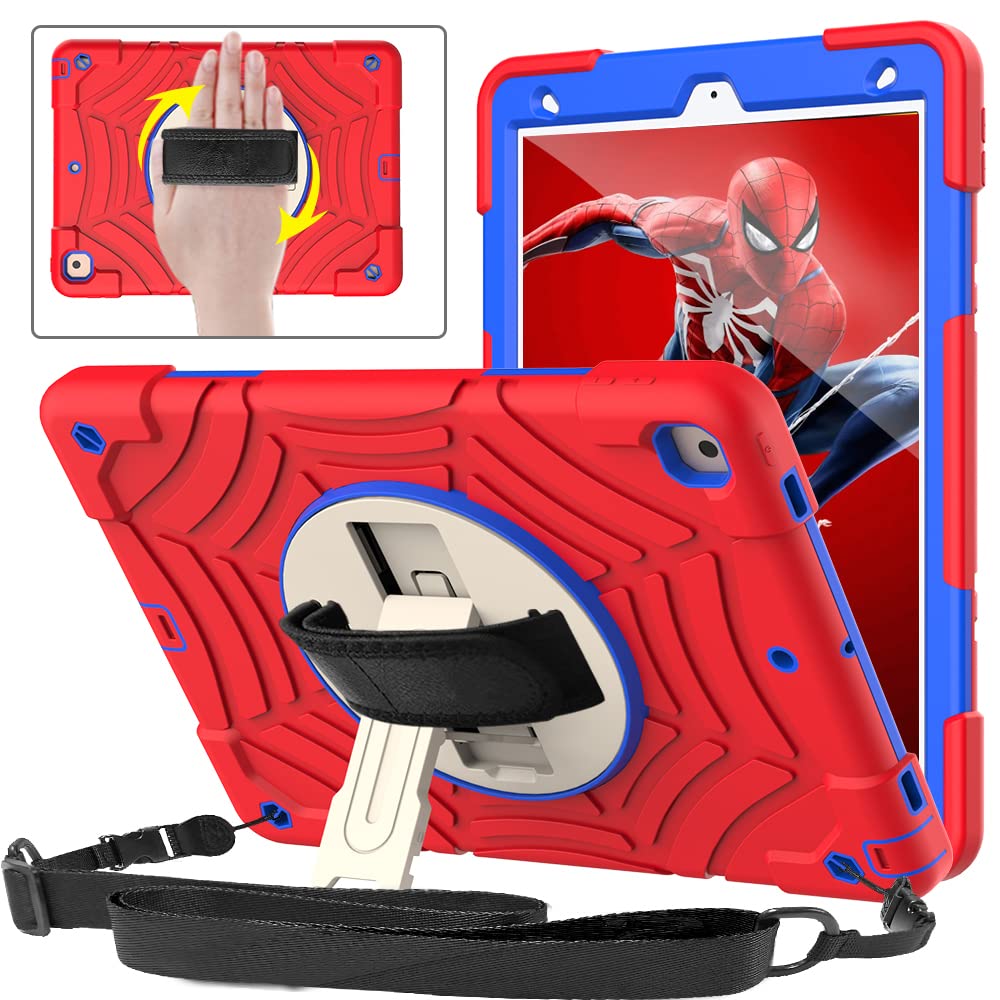 SINSOCase for iPad 9th Generation, iPad 8th/7th Generation Case, iPad 10.2 2021/2020/2019 Case for Kids, Rugged Kids Case [360 Swivel Stand][Screen Protector][Shoulder/Hand Strap], Red