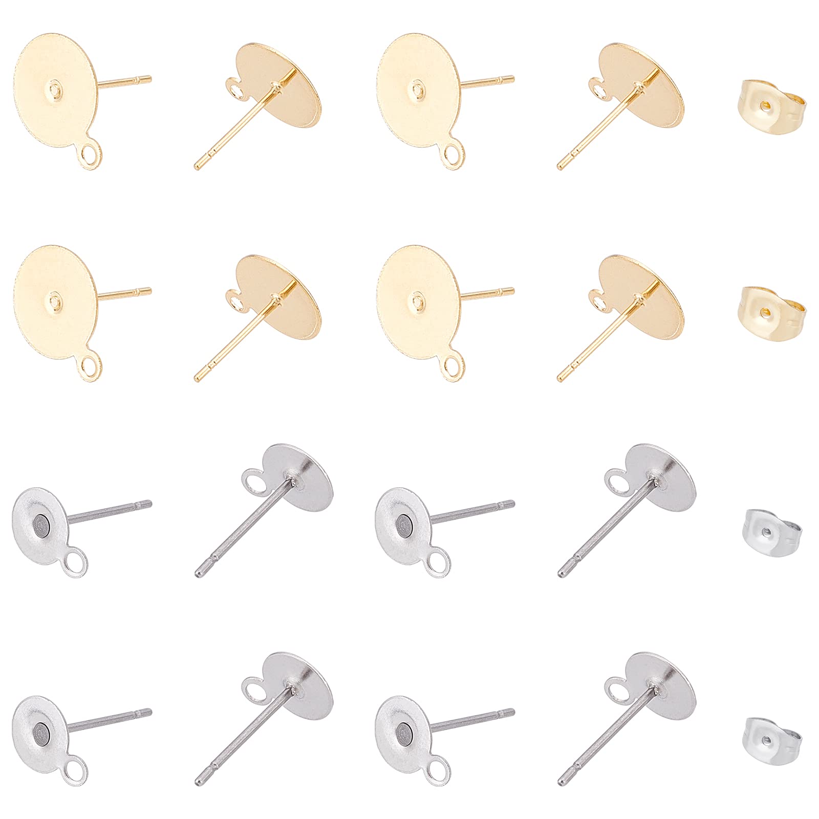 UNICRAFTALE about 100pcs 2 Colors 6/10mm Flat Round Stud Earring Findings 0.8mm Pin Stainless Steel Ear Stud with Earnuts and Loop Metal Earring Post for Jewelry Making