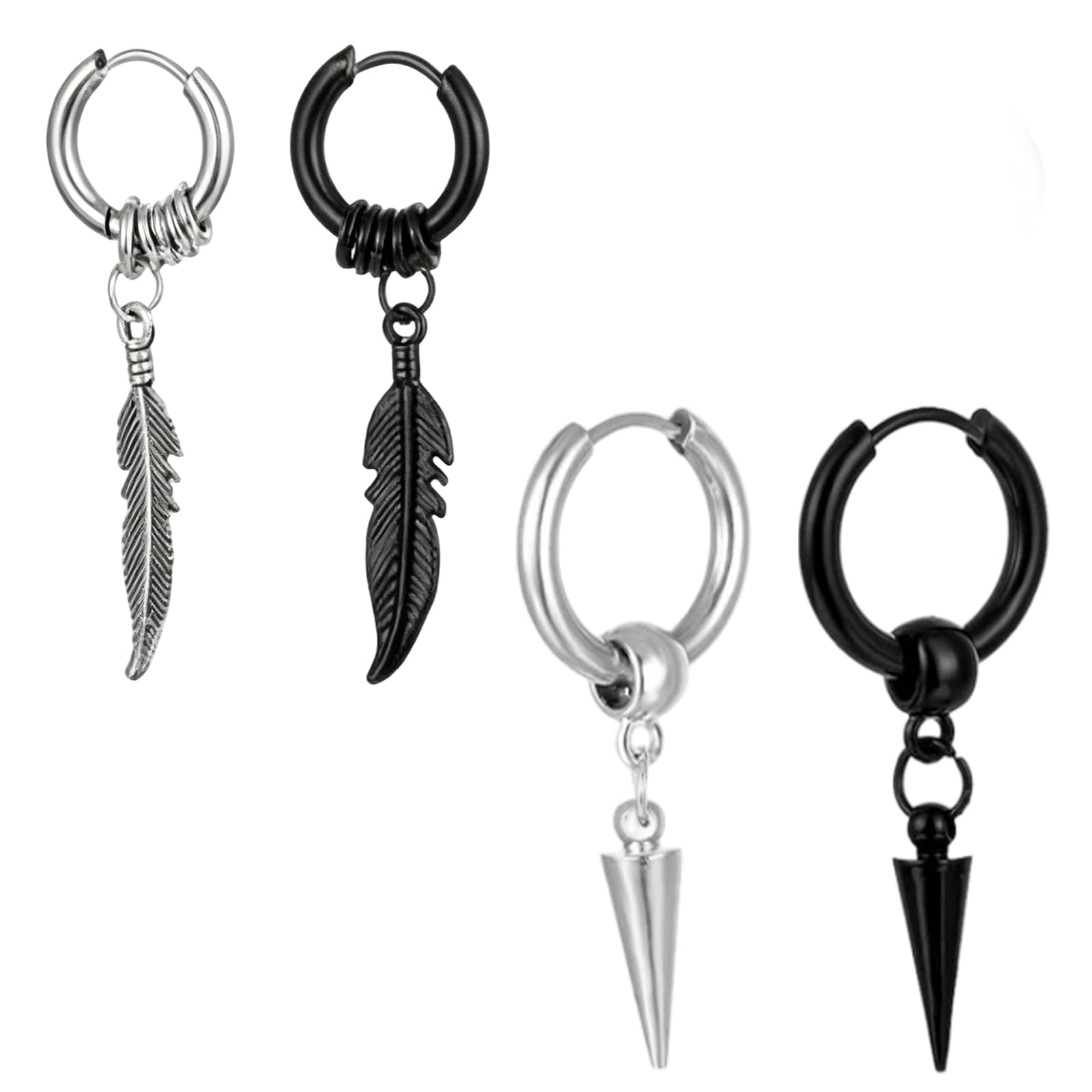 2 Pairs Ear ringsfor Men, Stainless Steel Feather Shape Stud Earrings, Hypoallergenic Mens Ear Studs, Fashion Accessory for Teenage Boys and Young Adult Men