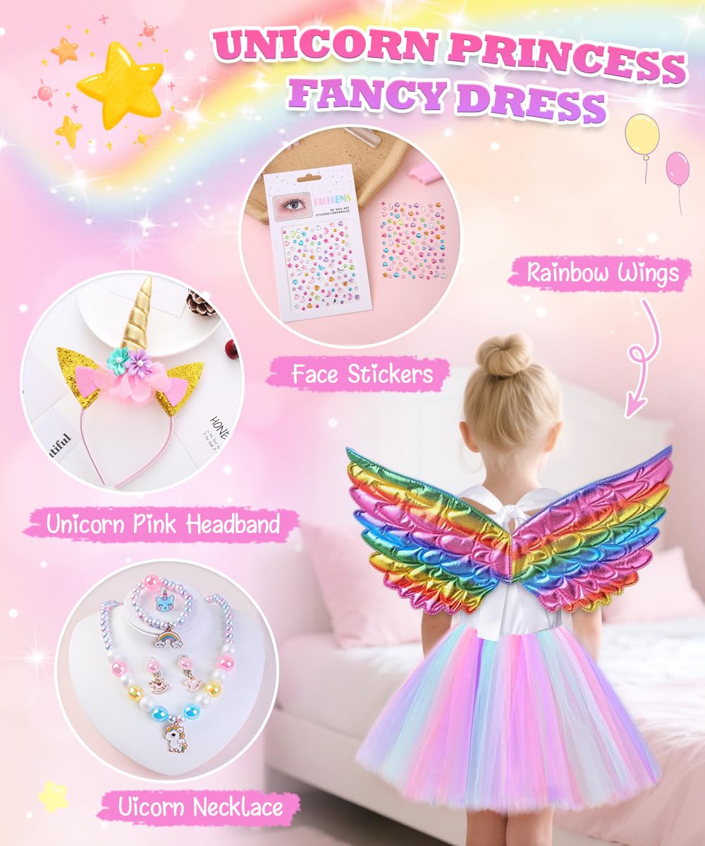TOLOYE Disfraz Princesa,Vestido Tul Unicornio Infantil con Venda y Collar Set,Disfraz Unicornio Niña para Cumpleaños Fiesta Halloween Navidad Carnaval Cosplay - 4