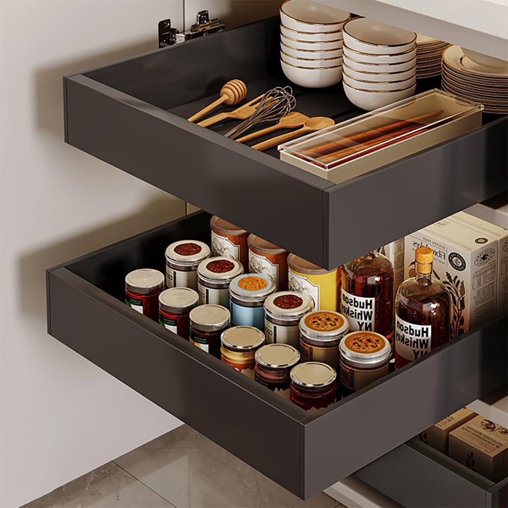 2PC Cassetti Estraibili Per Cucina,Cassetto Per Armadio In Acciaio Al Carbonio Robusto Di 42 Cm x 25 Cm x 7 Cm,Scorrevole,Con Adesivo Nano o Viti (a Scelta),Pezzi Adatto Per Cucina, Bagno e Soggiorno