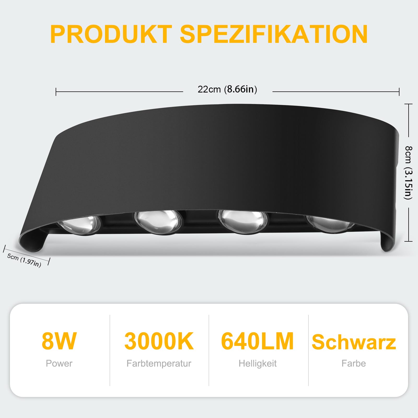 Oraymin Lampada da parete a LED per interni ed esterni, 8 W, IP65, con 8 sorgenti luminose, 3000 K, luce bianca calda, lampada a LED in alluminio, per soggiorno, camera da letto, corridoio, balcone