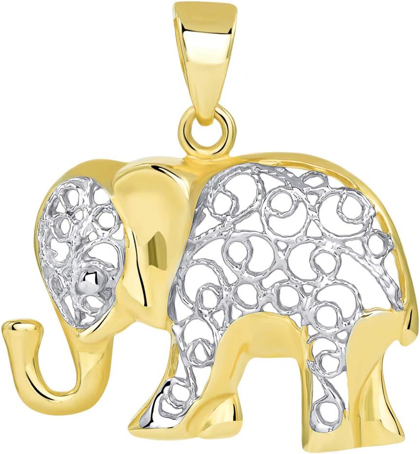 Jewelry America 14k Yellow Gold Elegant Filigree Two Tone Elephant Pendant