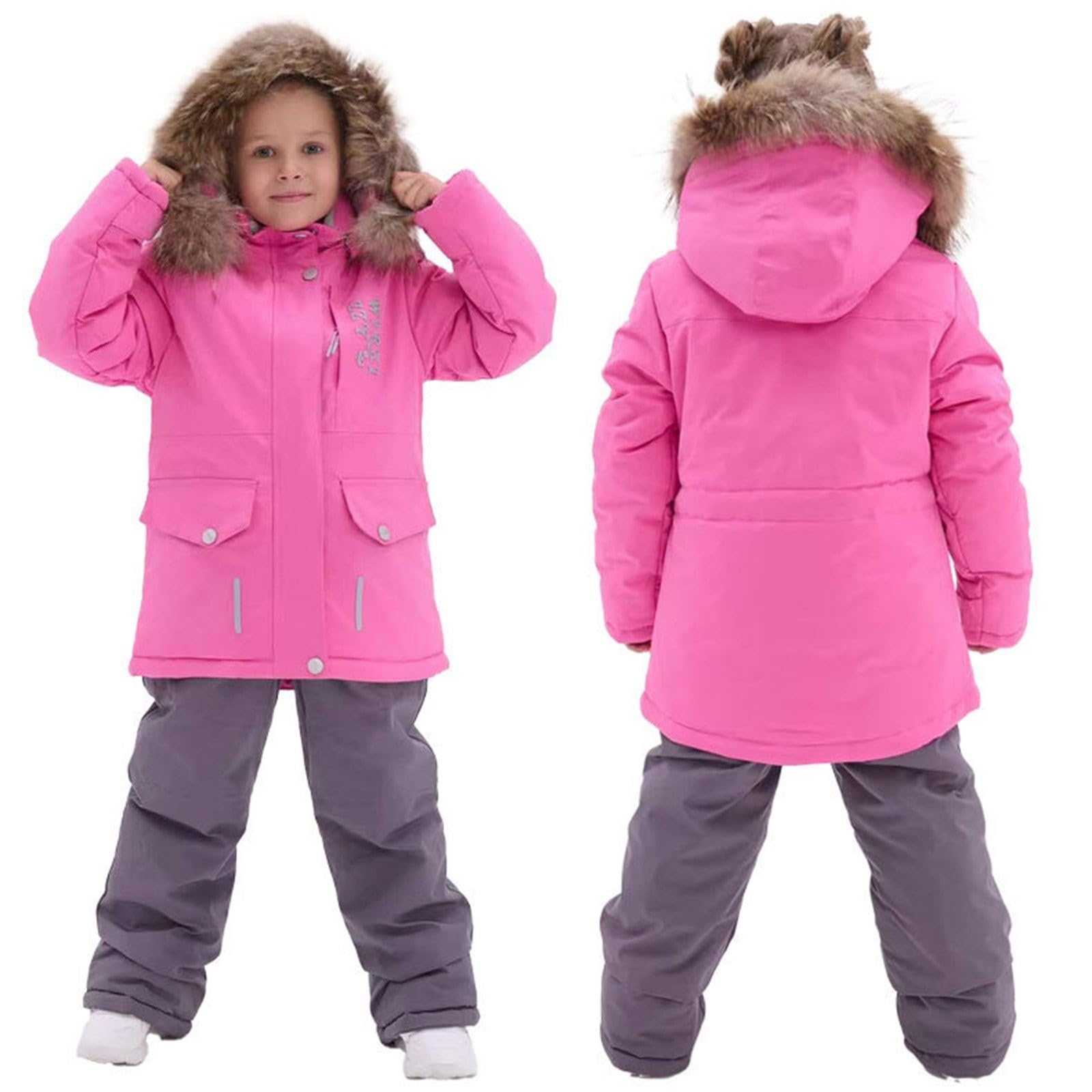 Trajes de esquí para niños y niñas, dos piezas para niños, abrigo cálido con capucha y pantalones de nieve, impermeable, resistente al viento, grueso, cálido, traje de nieve para esquí al aire libre
