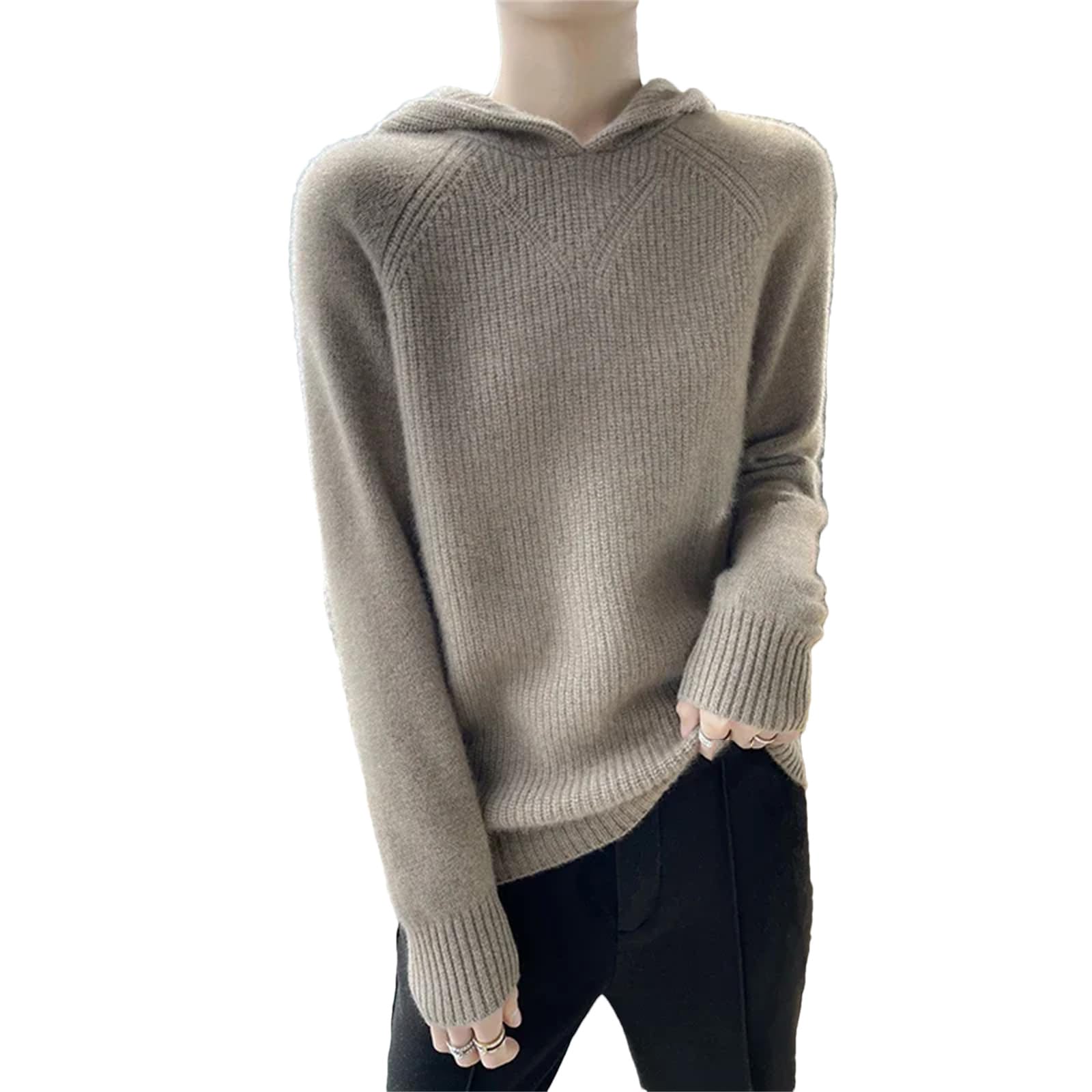 Yeuyyben Maglione da donna in cashmere con cappuccio allentato casual da donna maglioni invernali con cappuccio a maniche lunghe, Colore Grigio Marrone Crudo, L