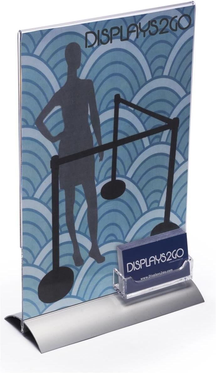Displays2go Set of 2 - Sign Holder with Business Card Pocket, 8.5" x 11", Tabletop or Countertop (Acrylic and Aluminum)