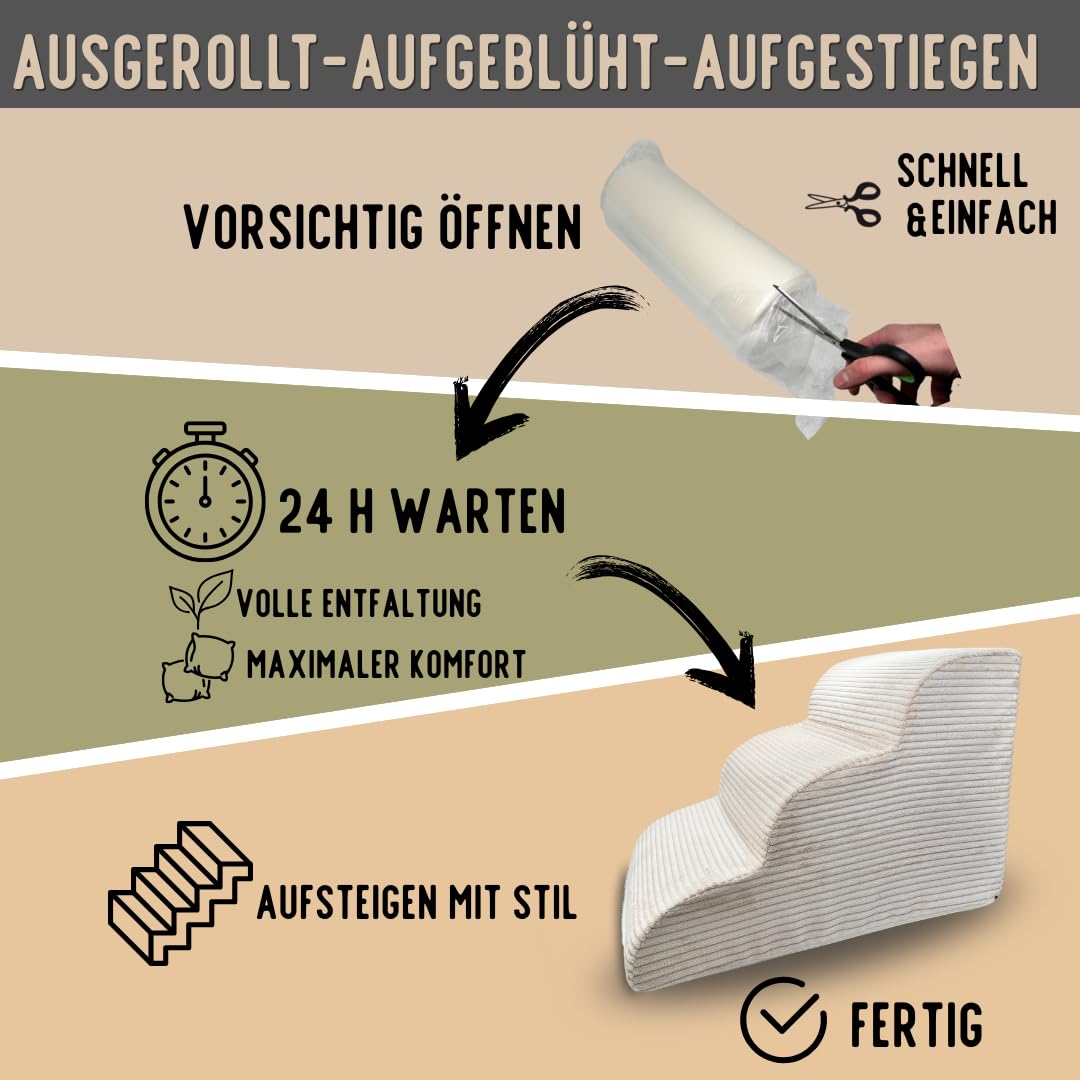 Hundetreppe Cord beige Hunderampe aus Schaumstoff - Katzentreppe - Tiertreppe - Haustiertreppe - Hundetreppe Bett - 3 Stufen Hunderampe