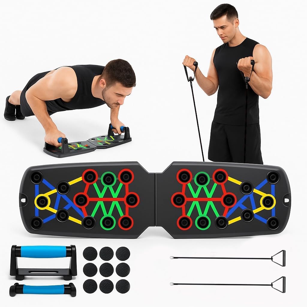 Push Up Board with Resistance Bands, Foldable Multi-Function Press Up Board with Colour-Coded Detachable Handles, Portable Home Workout Equipment for Chest, Shoulders, Back and Triceps Training