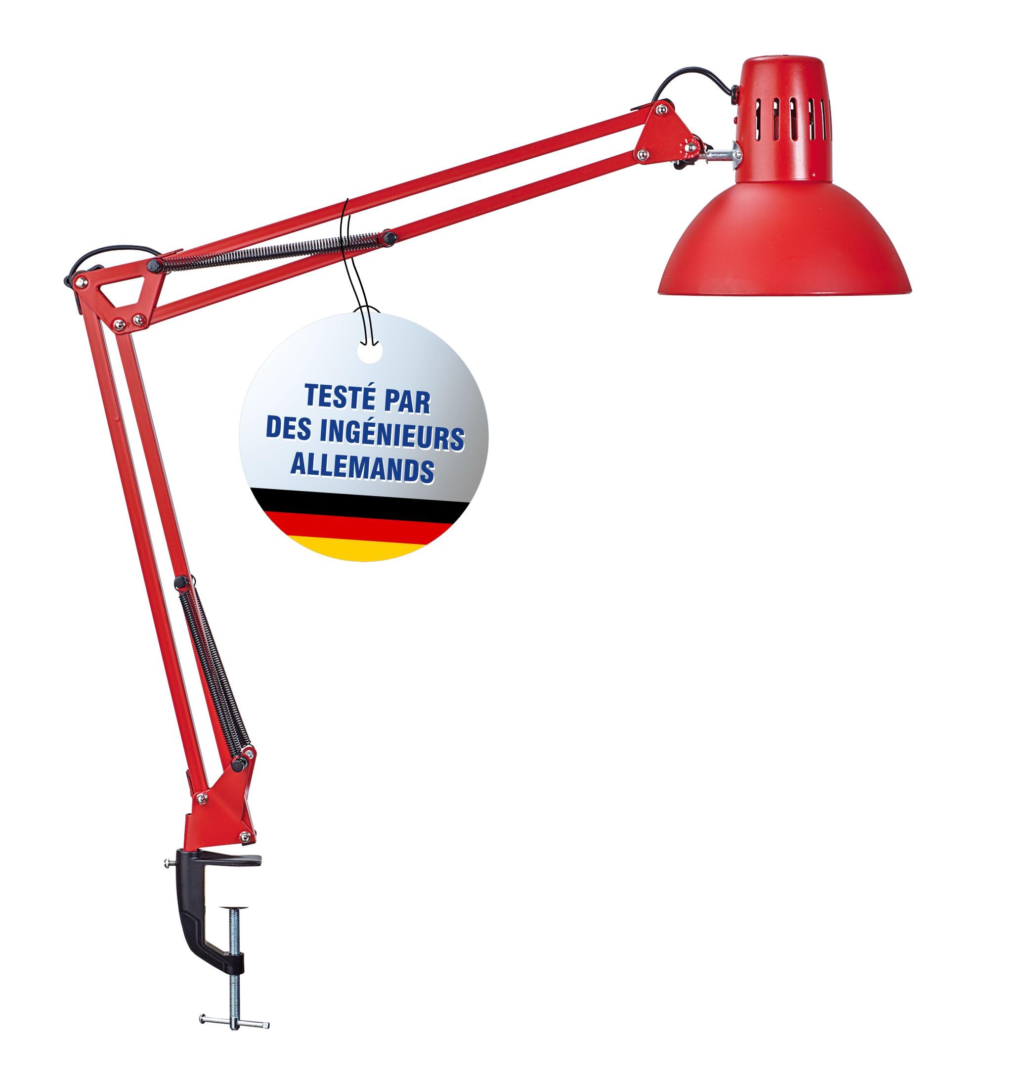 MAUL Lampe à pince MAULstudy rouge E27 pour bureau | blanc chaud agréable, bras double orientable, fixation stable en métal, ampoule remplaçable incluse