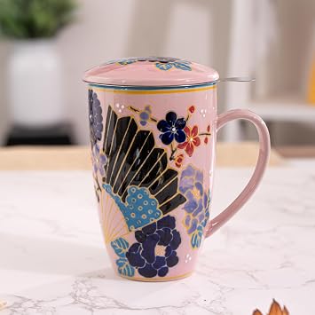 Urban Tokyo Tea Mug With Lid and Stainless Steel Infuser For Loose Leaf Tea Bag Tea Cup 15oz Porcelain Hot Beverage Everyday Use Home Office Fan Festival