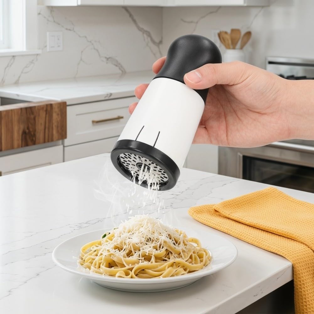 Manual Cheese Grinder with Interchangeable Blades – Rotary Food Grater for Hard Cheese, Compact Kitchen Tool with Removable Top and Bottom Covers