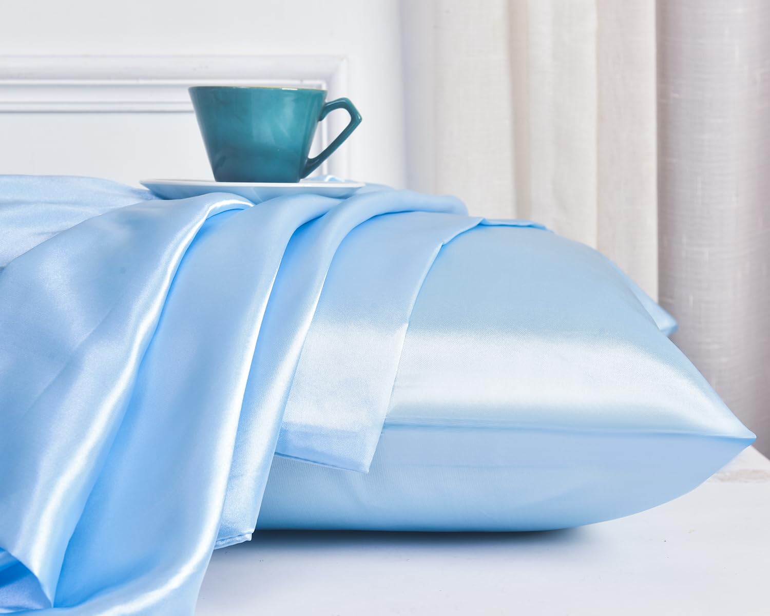 ROOEE Satin Silk Pillowcases for Hair and Skin 2 Pack Standard Size 50x75cm Envelope Closure Pillow Case (SKY BLUE) - Image 2