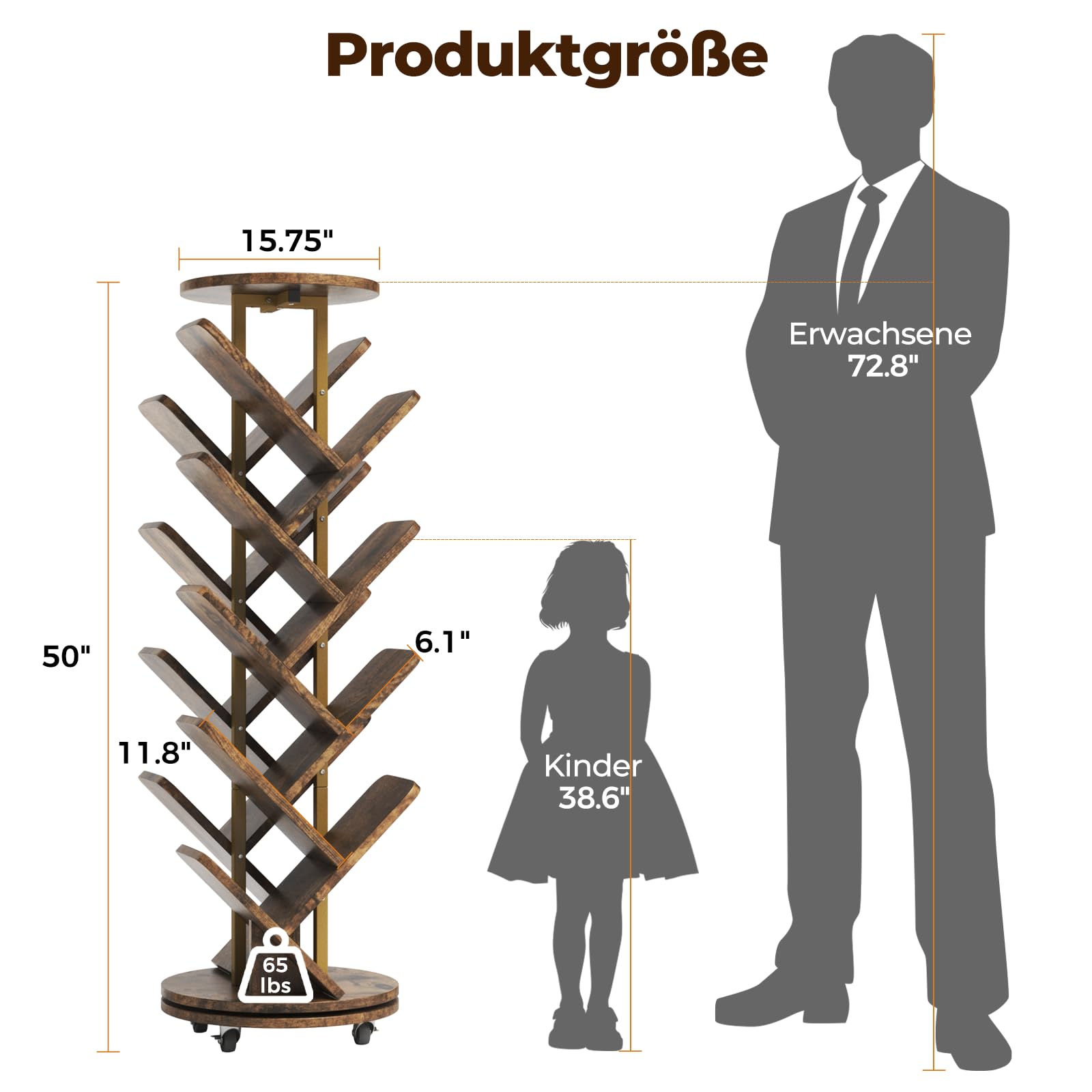 HOMRELEXA 360° Drehbares Bücherregal Baumform, Bücherregal Drehbar Standregal Multifunktionales 17 Ebenen, Beweglich und Feststellbar, für Wohnzimmer Büro Schlafzimmer, 40x40x127cm, Braun