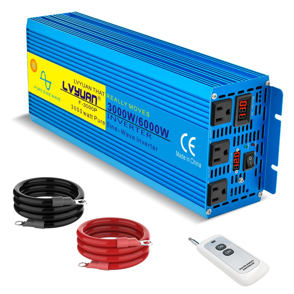 LVYUAN 3000 Watt Pure Sine Wave Inverter 12V to 110V 120V DC to AC with 3 AC Sockets, LED Display, Wireless Remote Control, Car Power Inverter for Vehicles Home RV Camping Truck Solar System
