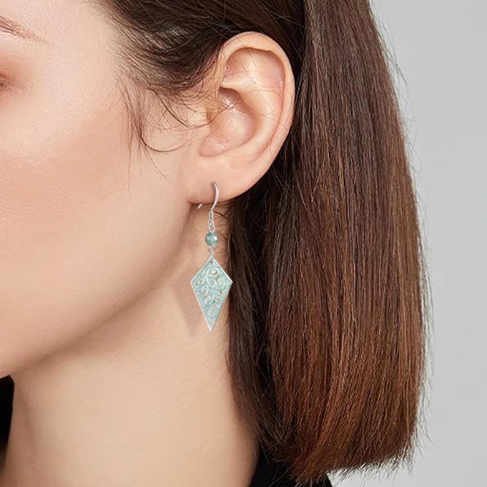 Natural Jade Filigree Earrings Sterling Silver S925 Dangle Drop Teardrop Cross Ellipse Green Blue Jade Earrings Fengshui Jewelry For Women