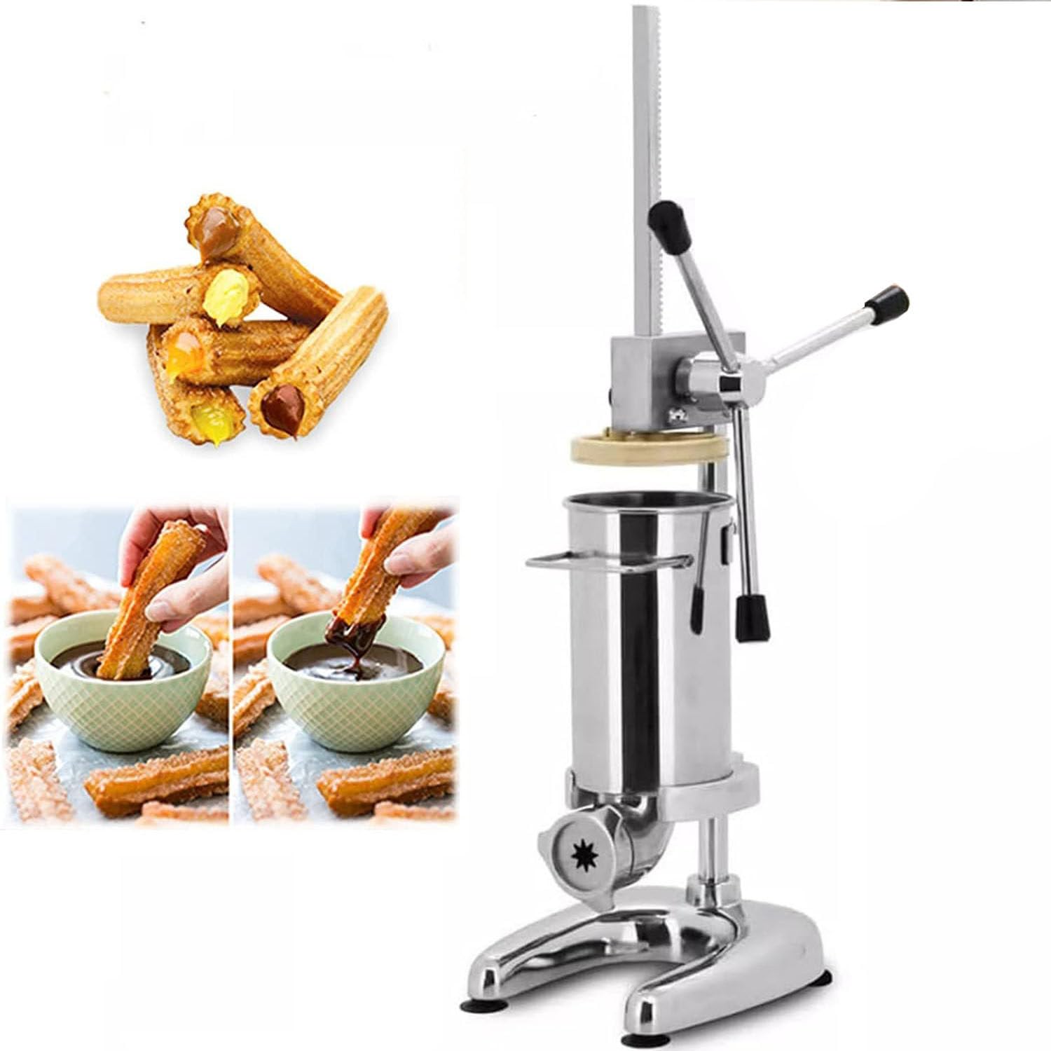 Máquina para hacer churros manual, comercial 2L/3L Manual Español Donut Churrera Churro Maker Machine con 5 tipos de moldes, Máquina para hacer churros española vertical de acero inoxidable,2L