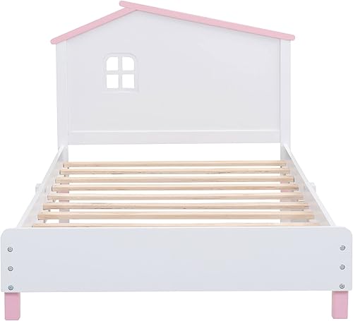Miniatura 4 de MERITLINE Base de cama individual para niños con cabecera en forma de casa, marco de cama individual de madera con estante, bonita cama individual