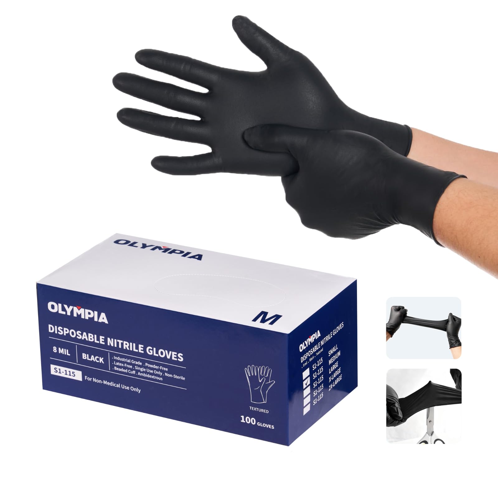 NORTHSKY Olympia Einweg-Nitrilhandschuhe, 8 mm, robuste Nitrilhandschuhe, puder- und latexfrei, Körnung Grip, industrielle Einstellungen, Herstellung, Schwarz, M, 100 Stück