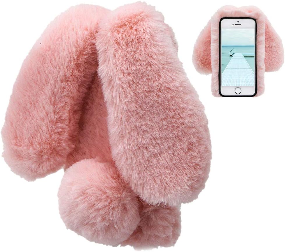 LCHDA Case for iPhone 5 5S SE Rabbit Plush Fur Pink Cute Kawaii 3D Rabbit Ear Protective Case Winter Warm Soft Hairy Pattern Soft Silicone Bumper Anti-Dust Unbreakable Cover
