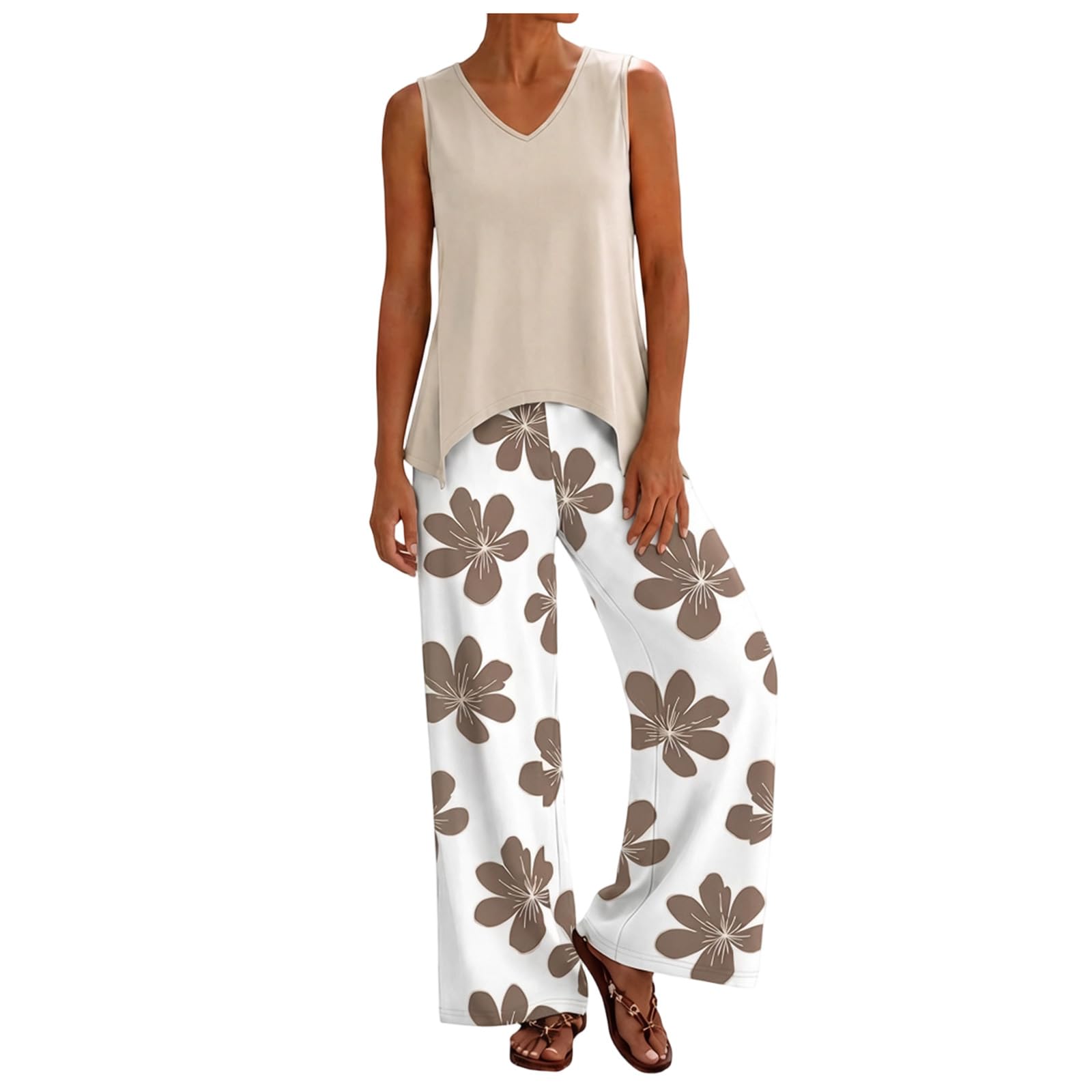 2 teiler damen elegant Zweiteiliger Sommer Leinenanzug für Damen: Baumwoll Oberteil mit asymmetrischem V Ausschnitt, ärmellos, einfarbig, weite Hose mit Blumenmuster, atmungsaktiver 2 (Brown, S)