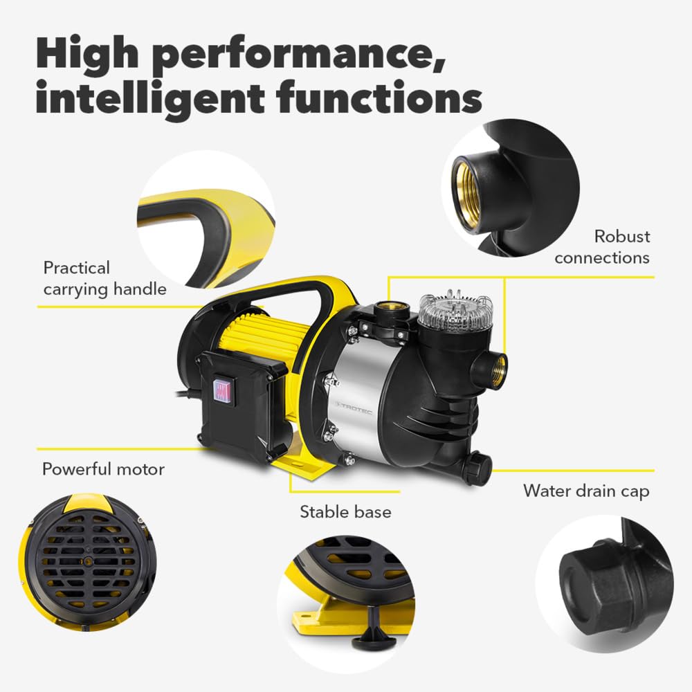 TROTEC Bomba de jardín TGP 4800 ESF – Bomba con potencia 4800 l/h, 1300 W – Presión de extracción 4,8 bar, altura de extracción 48 m, altura de aspiración 7 m, bomba de agua para barriles de lluvia,