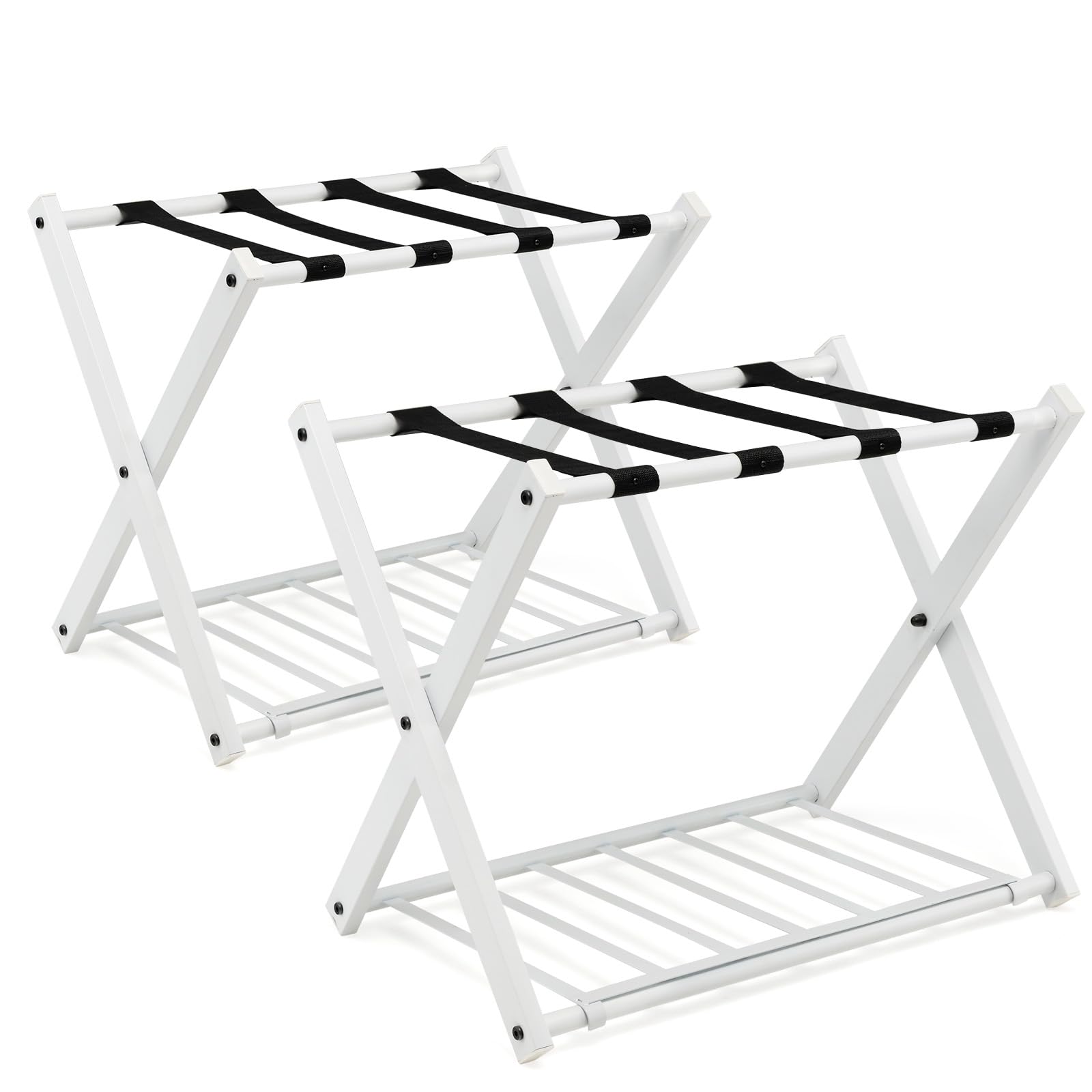 HOMASIS Estante para equipaje plegable, Soporte de metal para maletas y bolsas con estante, Portaequipajes con diseño de 2 niveles, para habitación, hotel, 68x43x56cm (Blanco, 2)