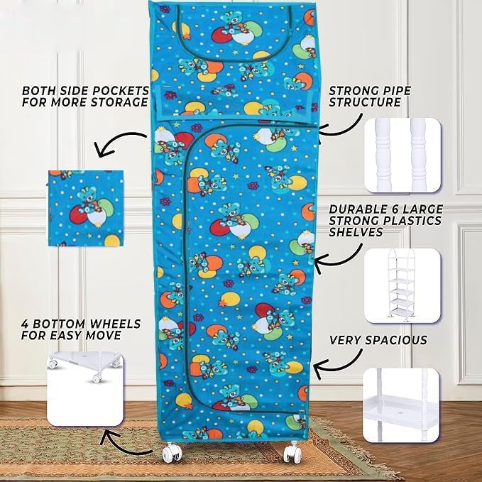 Image of HYSEYY Baby Wardrobe Plastic Kids Storage Rack with Fabric Cover & Wheels | 6-Tier Plastic Shelves Organizer | Toy, Book & Clothes Storage Cabinet for Kids Room (Turquise)