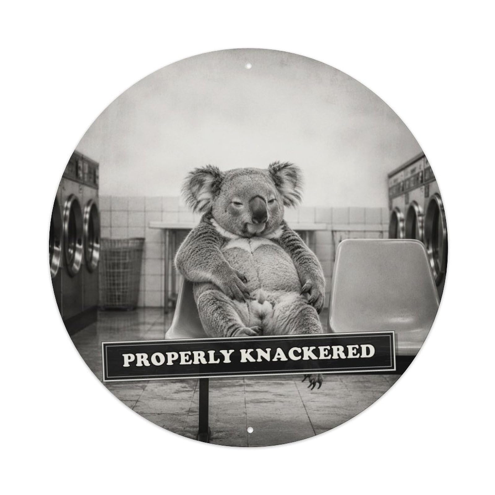 Animal Koala Laundrette Chair Absurd Wildlife British Comedy Metal Tin Sign Plaque Wall Decor for Cafe, Man Cave, Club Bar, Office, Home Garden Round Metal Poster 8x8Inch