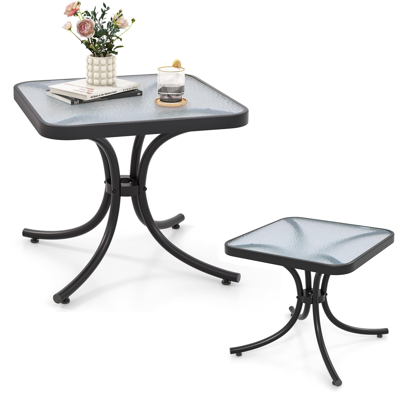 KOMFOTTEU Tavolo da giardino in vetro temperato, tavolino ausiliario con telaio in metallo, tavolo da pranzo quadrato per esterni e interni, tavolino da salotto per terreza, balcone, patio, 50 x 50 x
