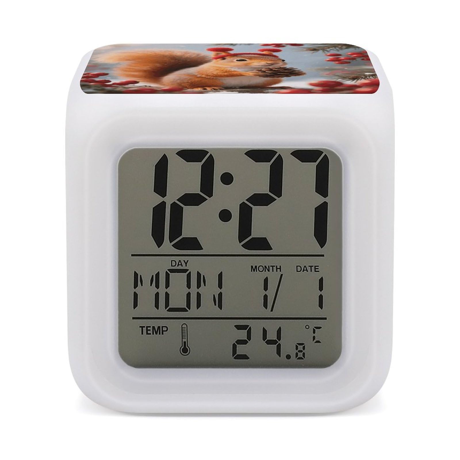 VstaDank Squirrel Alarm Clock with Date Temperature Large LED Display Number Clocks with 7 Colors Changing Desk Clock Battery Operated Digital Clocks with Date for Heavy Sleepers