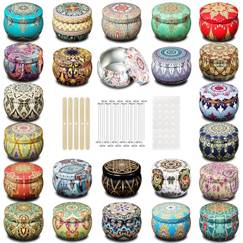 MeiGlow Empty Candle Tins for Making Candles 24 Pack 3 oz with Lids Cotton Wicks Wick Stickers and Holders