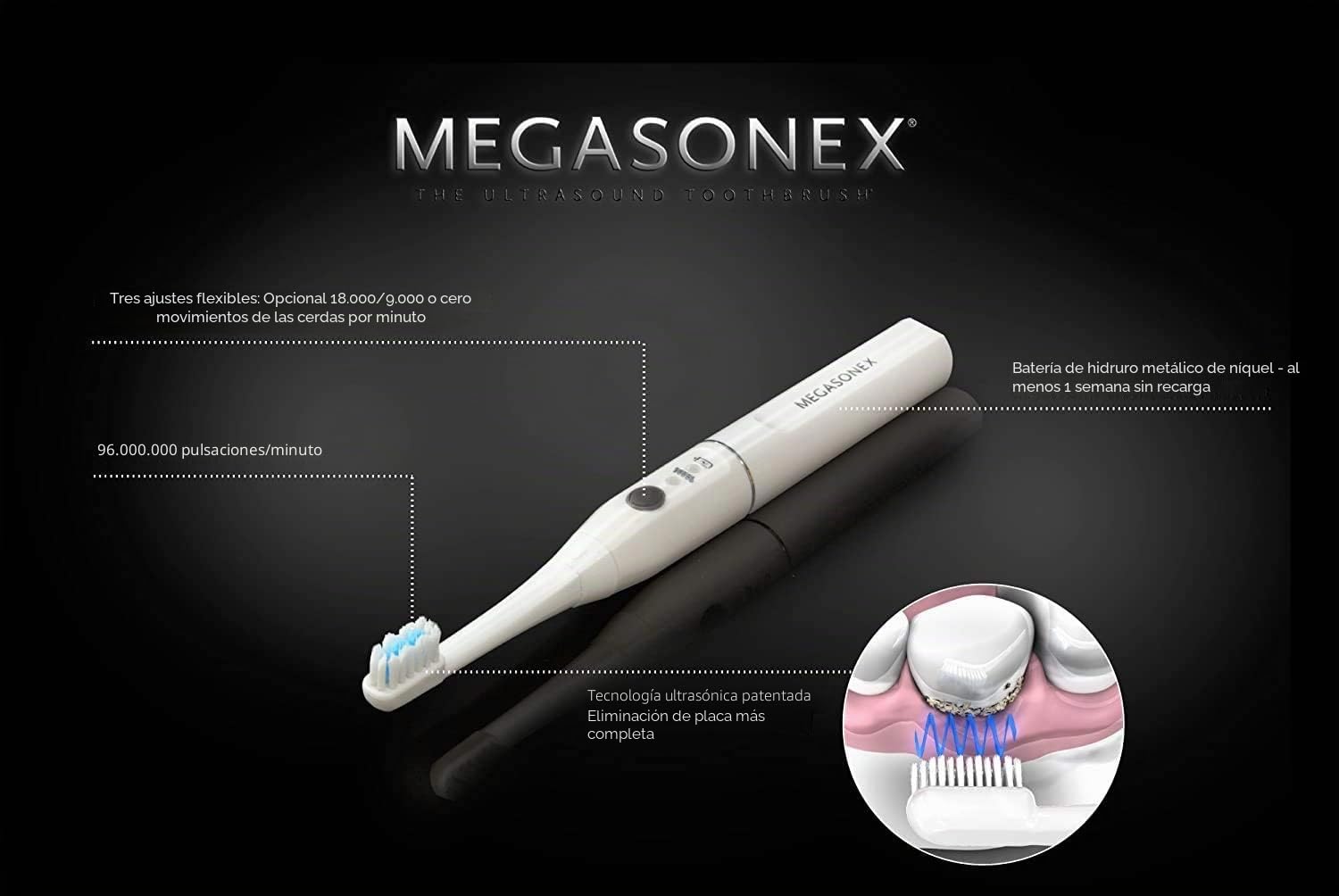 MEGASONEX Cepillo de dientes ultrasónico M8 – con 2 niveles de vibración – además incluye 4 cabezales de cepillo Soft