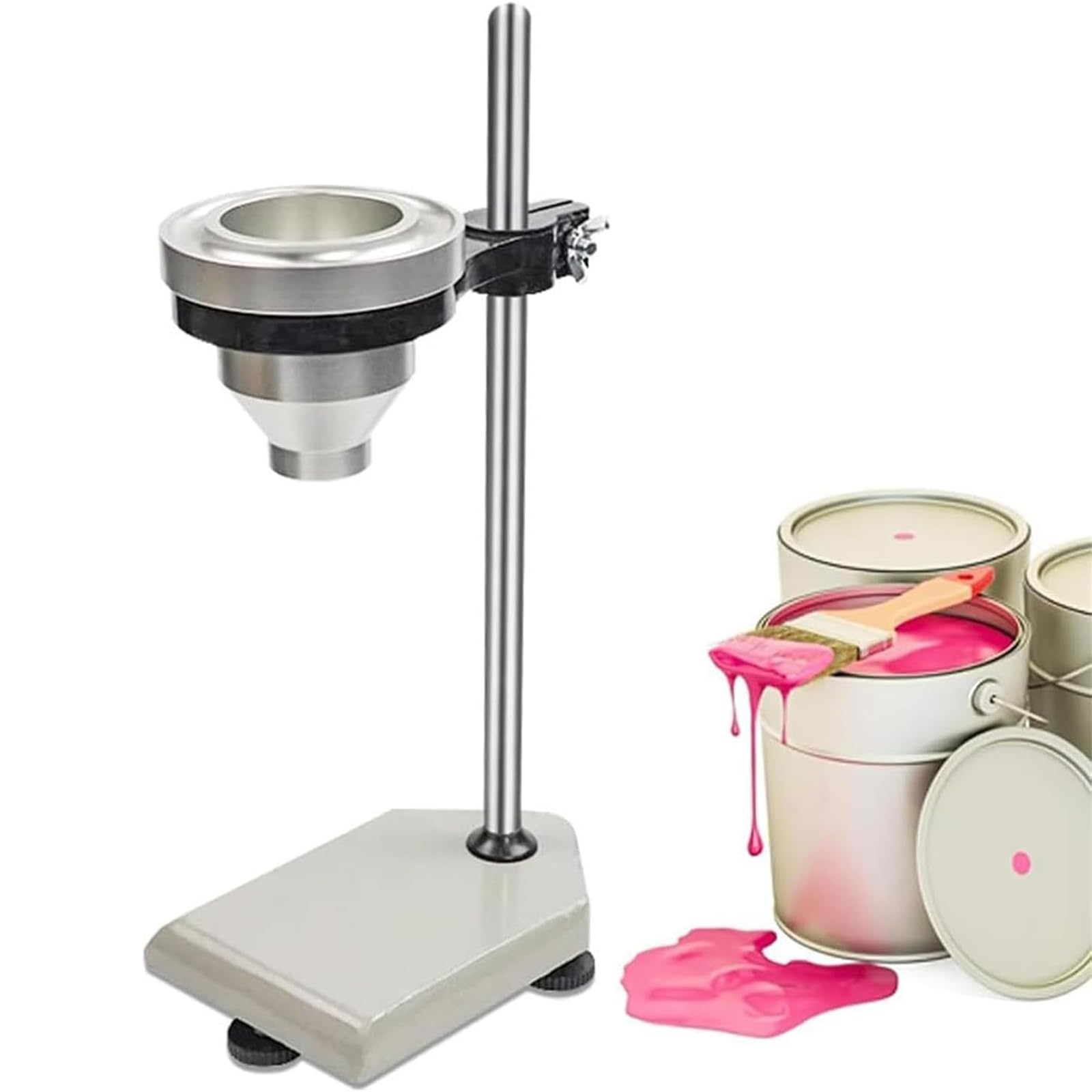 Medidor de viscosidad con soporte ajustable para pruebas precisas de tinta en laboratorios y control de calidad
