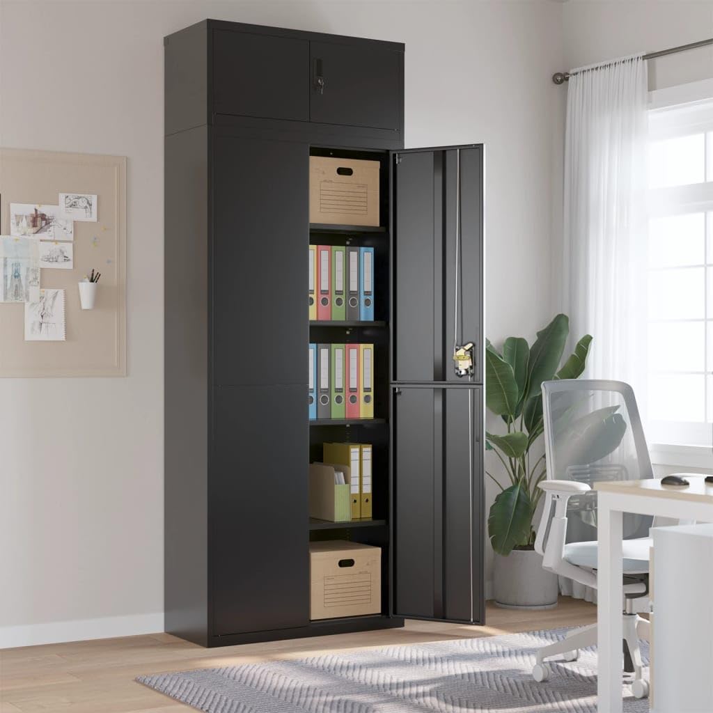 Armadio Classificatore per Ufficio in Acciaio Nero con 4 Ripiani Regolabili e Serratura 90x40x240 cm per Documenti e Oggetti Salvaspazio