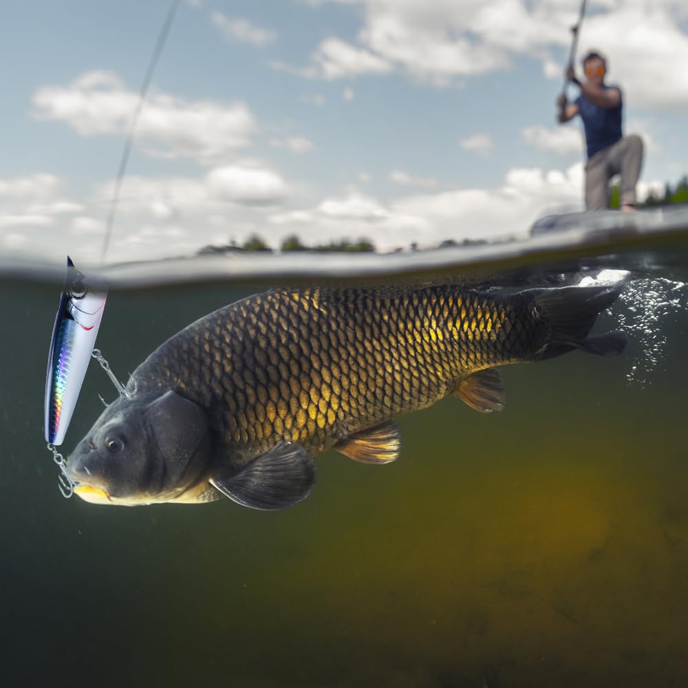 Señuelos de pesca de agua salada de superficie, señuelo flotante de pesca de surf anzuelos triples con ojos 3D para bar, trucha, dorado, gallineta
