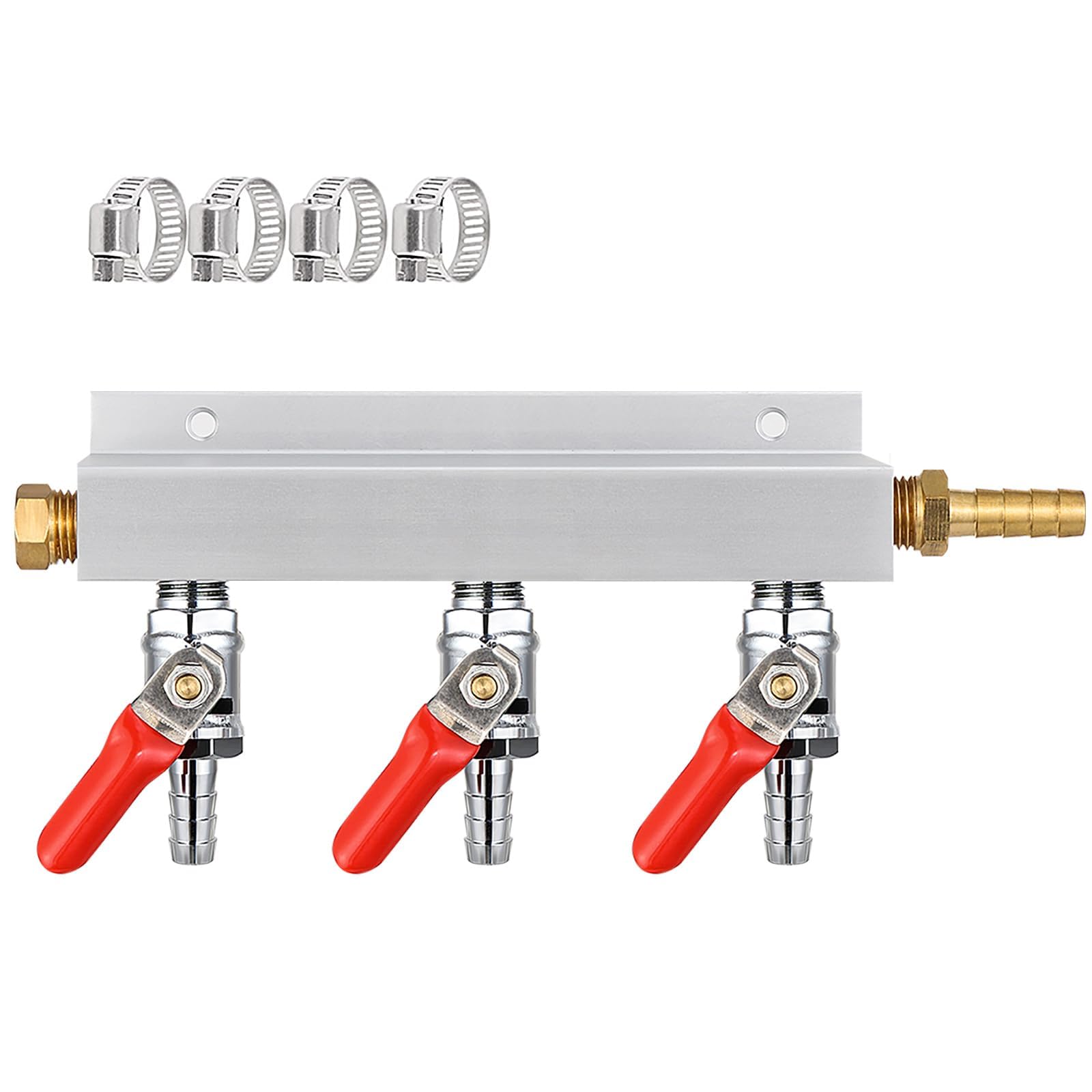 MRbrew Gas Manifold, CO2 Gas Distributor, 5/16'' Barb Fitting Beer Kegerator Splitter, 3-Way Air Distributor with Integrated Check Valves & Hose Clamps