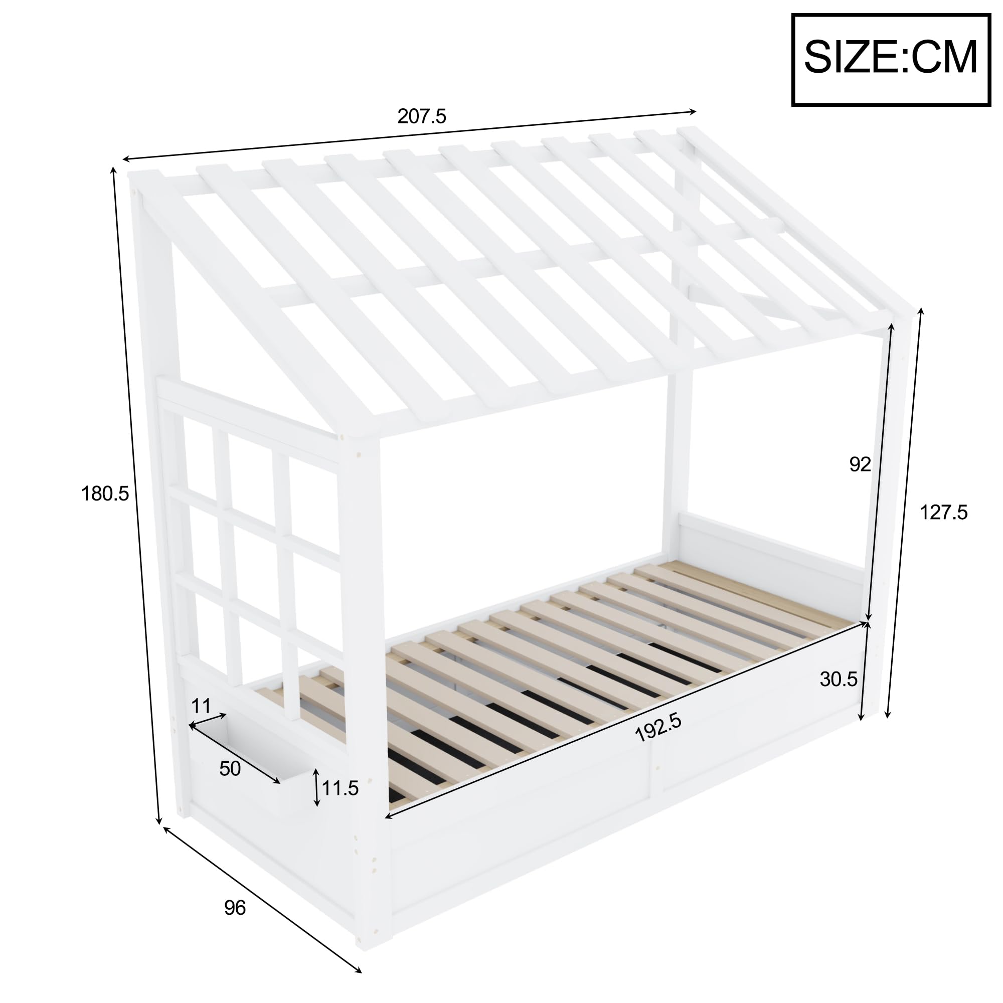 Łóżko dziecięce w stylu wiejskim 90 x 200 cm z dachem, oknem, hydraulicznym schowkiem i bocznymi schowkami, białe