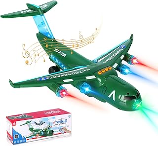 Airplane Toy, LiveGo Bump and Go Electric Detachable Plane Toys with LED Flashing Light Music Remote Control Battery Operated for Kids Boys Girls Toddler Travel 3-7 Year Old Birthday Gift, Green