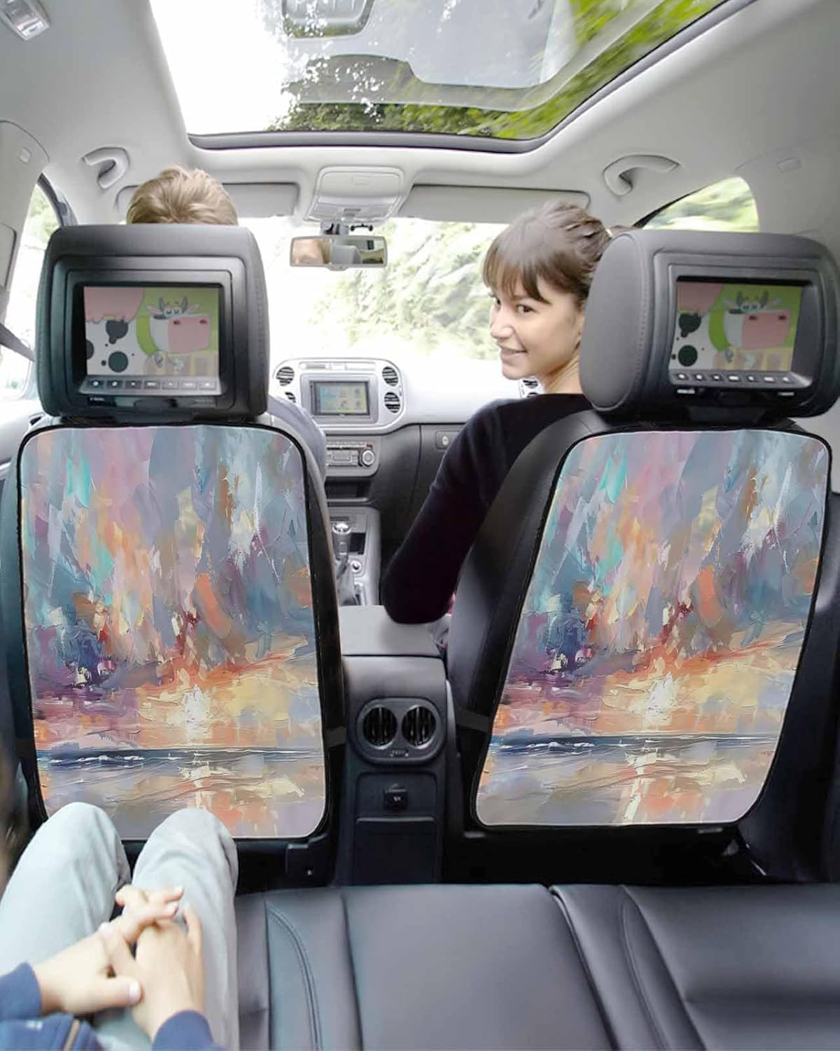 T&H XHome Car Seat Protector, 2 Pack Kick Mats with Organizer - 3 Pocket Storage, Summer Ocean Oil Painting Blue Red and Orange Back Seat Cover for Kids Universal Fit Automotive Interior Protectors