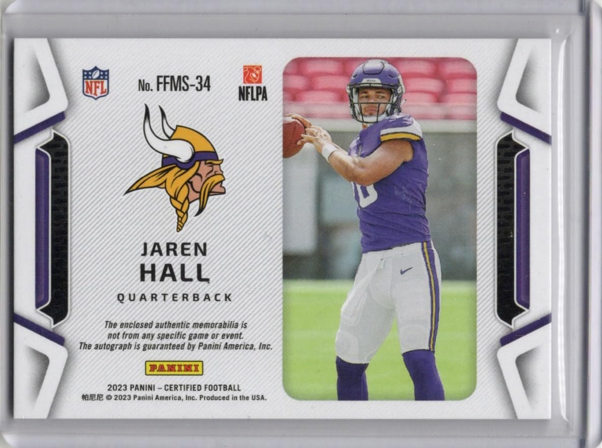 Jaren Hall Autographed & Serial Numbered #126/249 Freshman Fabric Orange Rookie Patch Jersey Relic Memorabilia Collectible Football Card - 2023 Panini Certified Football Card #FFMS-34 (Vikings)