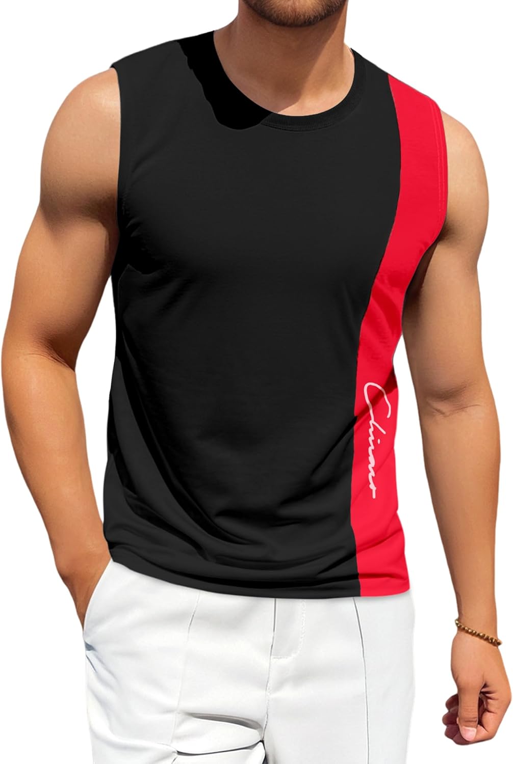 Tank Tops Men Color Block Round Neck Sleeveless Muscle Shirts for Men