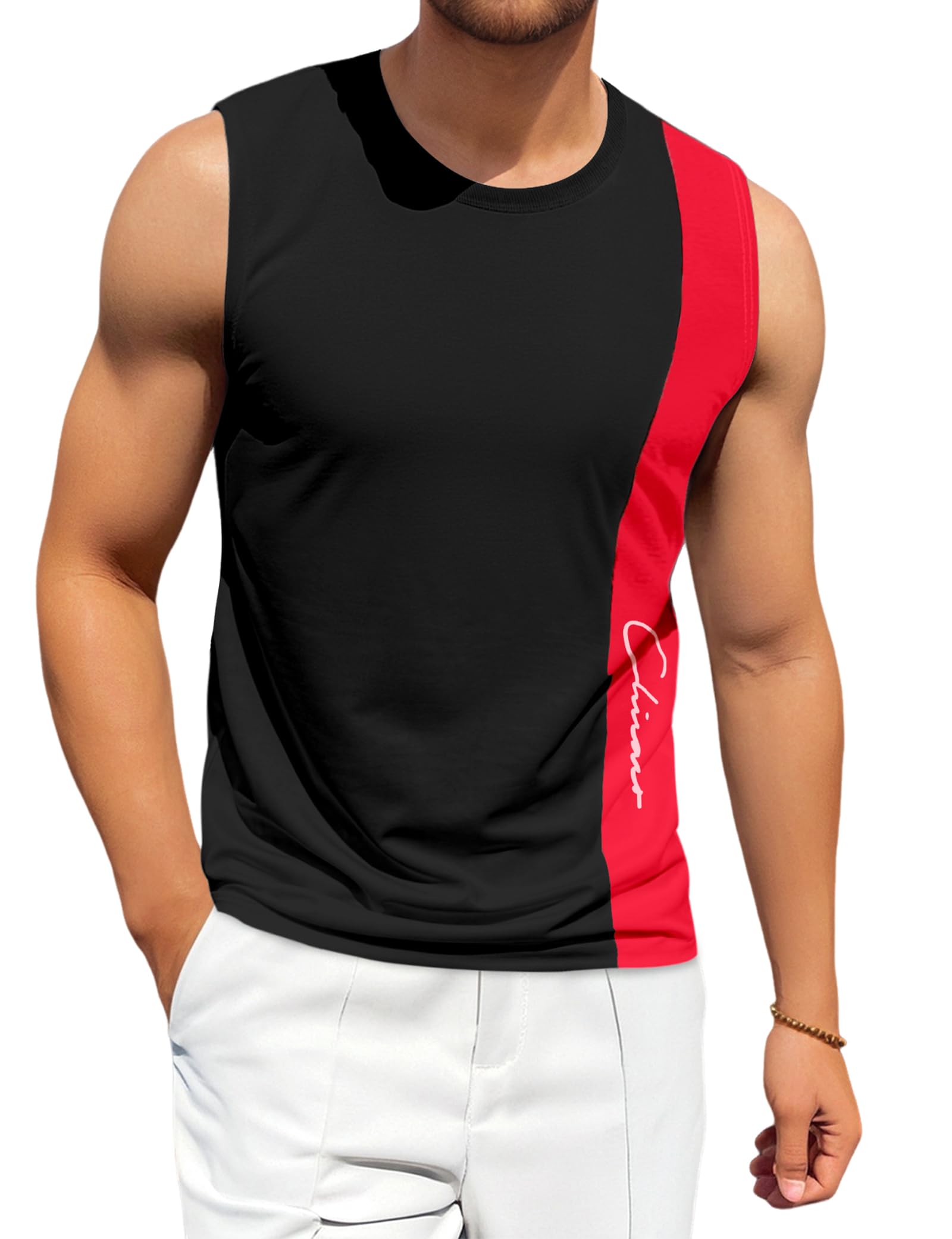 FoWear Tank Tops Men Color Block Round Neck Sleeveless Muscle Shirts for Men